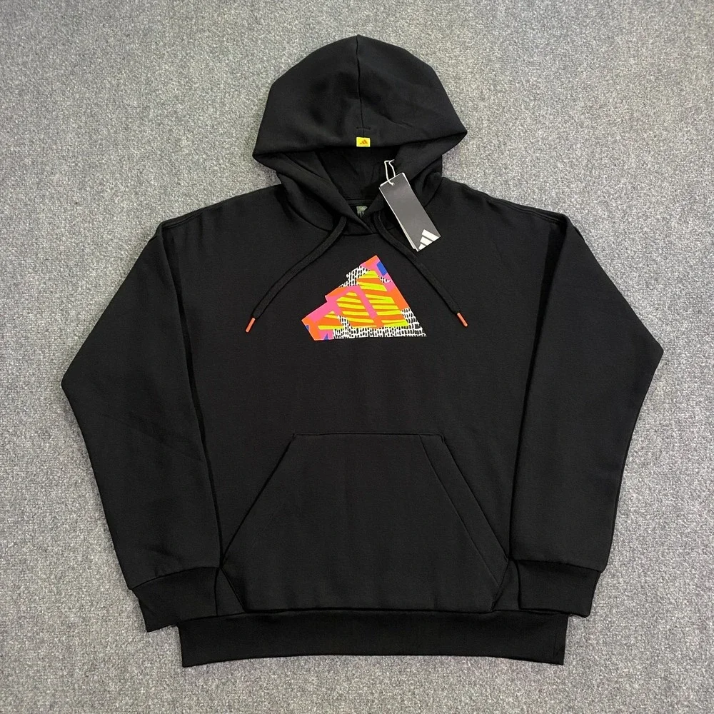 Adidas Abstract Trefoil Logo Hoodie Womens M Black Geometric Fleece Pullover